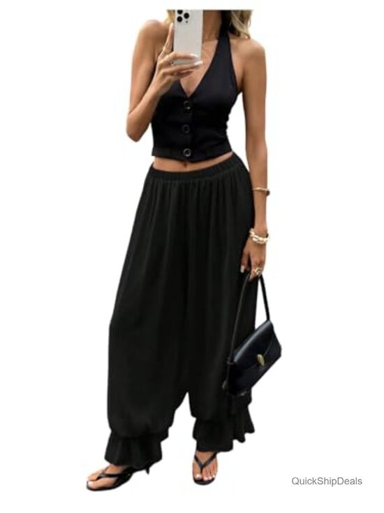 Pants - Wide Leg Baggy Balloon Pants Ruffle Hem Elastic Waist Flowy Trousers